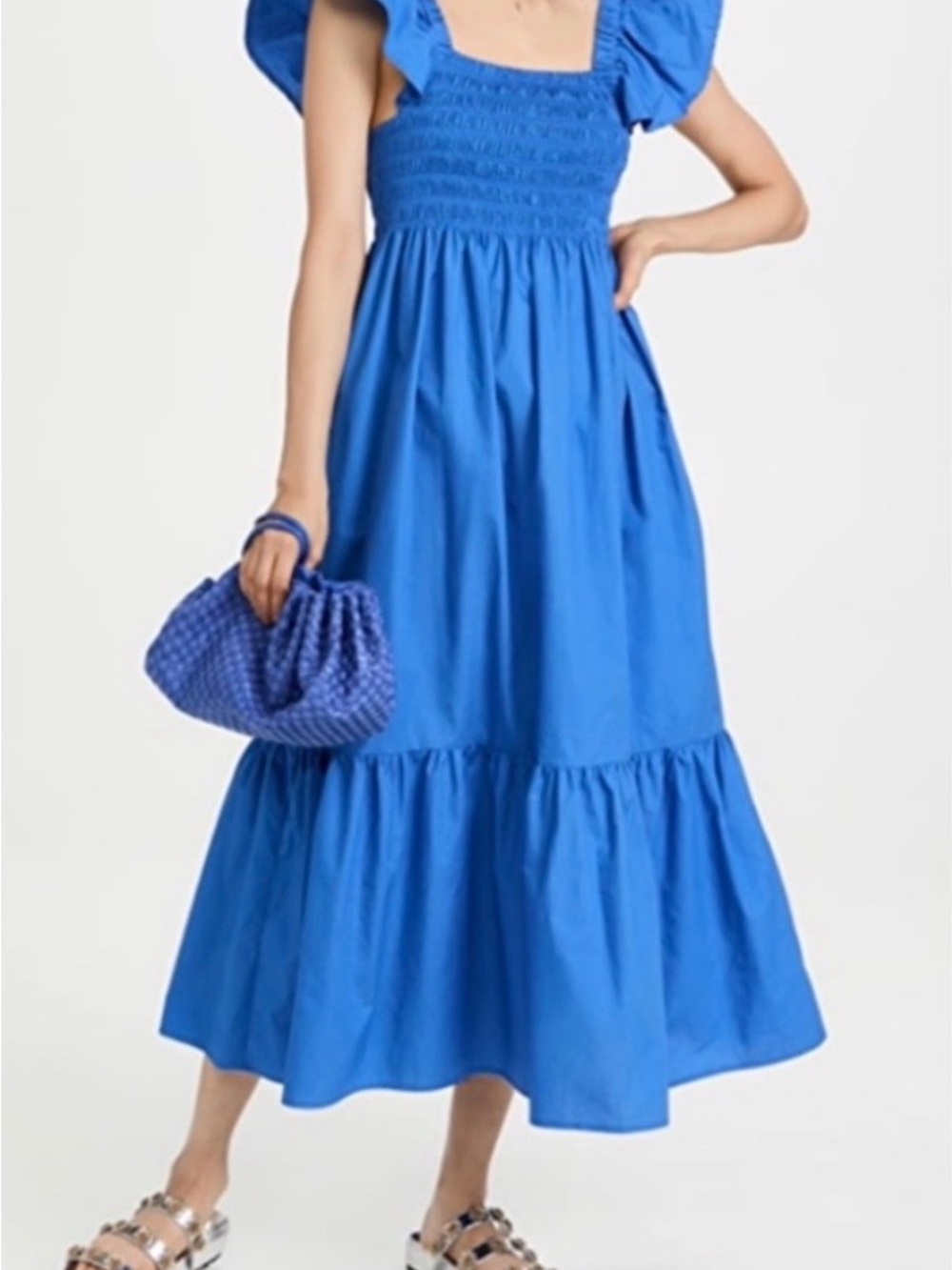 EUC Royal Blue Smocked Midi Dress with Puff Sleeves
